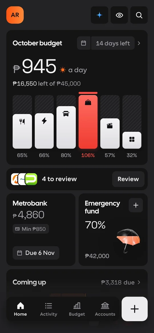 The finance tracker: an expense typed as jollibee 289 gcash and saved, then the budget and the accounts